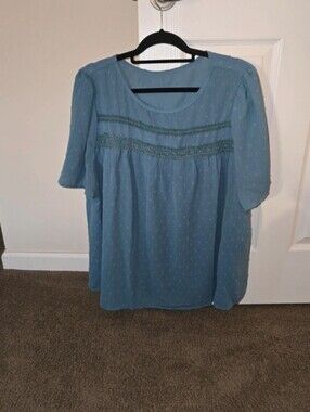 Light Blue Swiss Dot Scoop Neck Women's Top
